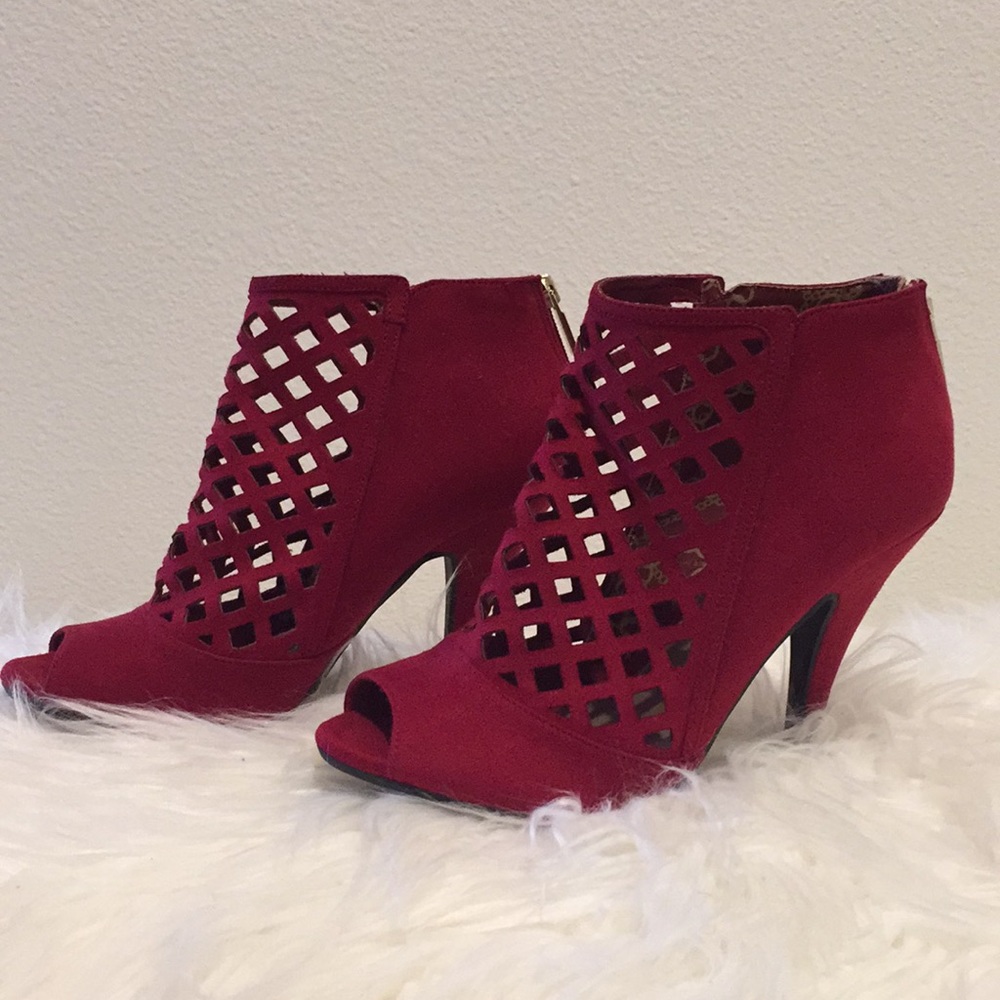 NWOT Candy Apple Red Suede Cage Booties